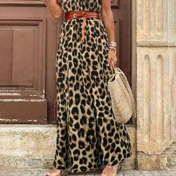 Chocolate Brown Casual Women's Leopard Print Deep V BatwingSleeve Dress - Picture 4 of 5